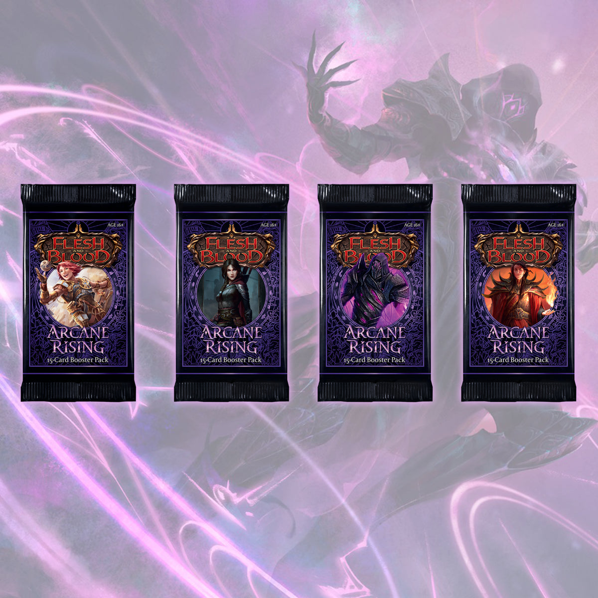 Four Arcane Rising Booster Card packs with artwork depicting Arcane Rising Heroes