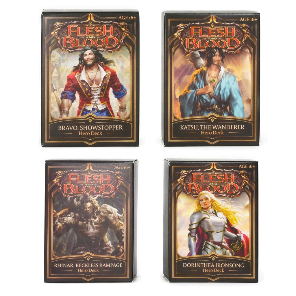 Set of Four Flesh and Blood Hero Decks Bravo Showstopper Katsu the Wanderer Rhinar Reckless Rampage Dorinthea Ironsong