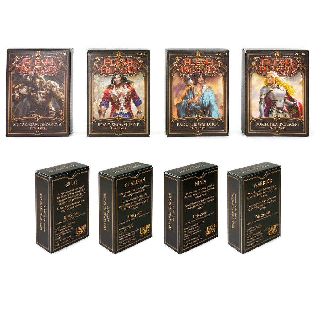 Front and Back box information for Flesh and Blood Welcome to Rathe Hero Decks