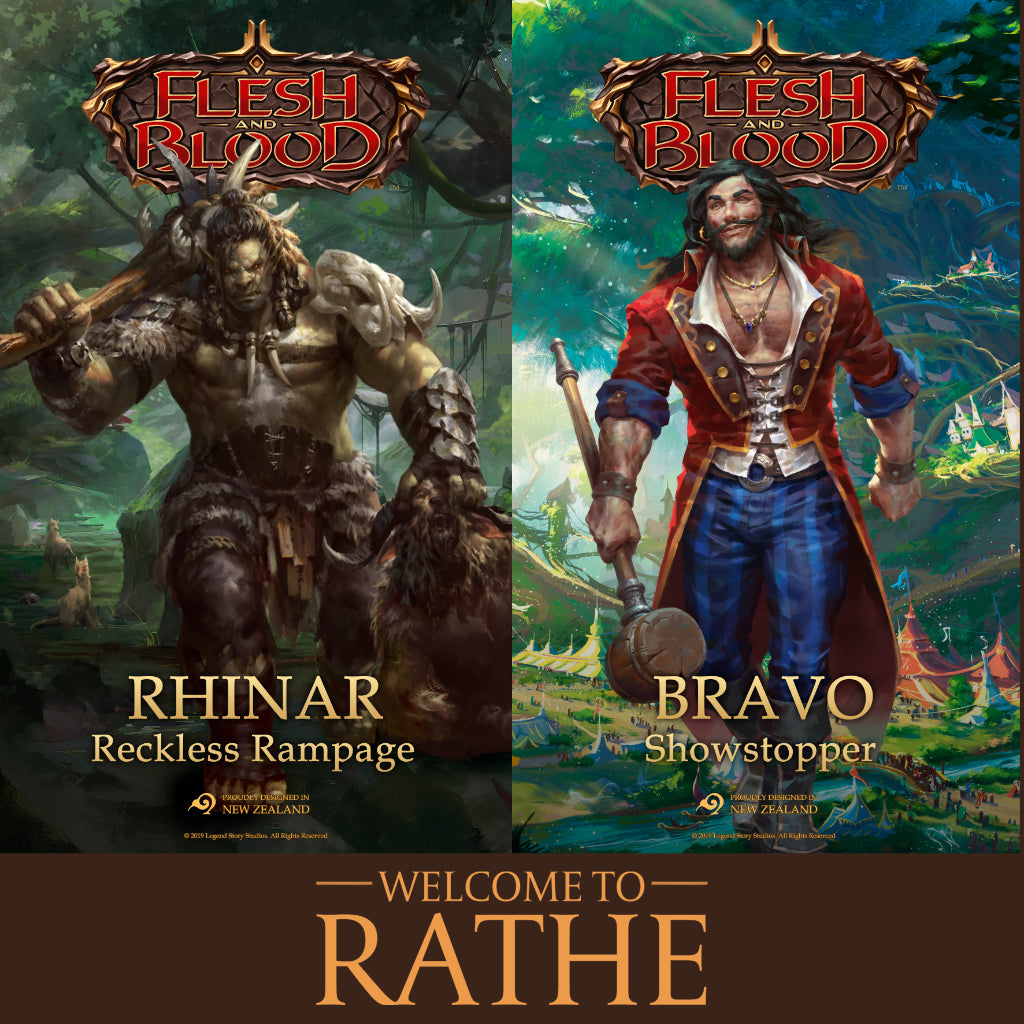 Promotional Art from Flesh and Blood TCG featuring Rhinar Reckless Rampage and Bravo Showstopper side by side