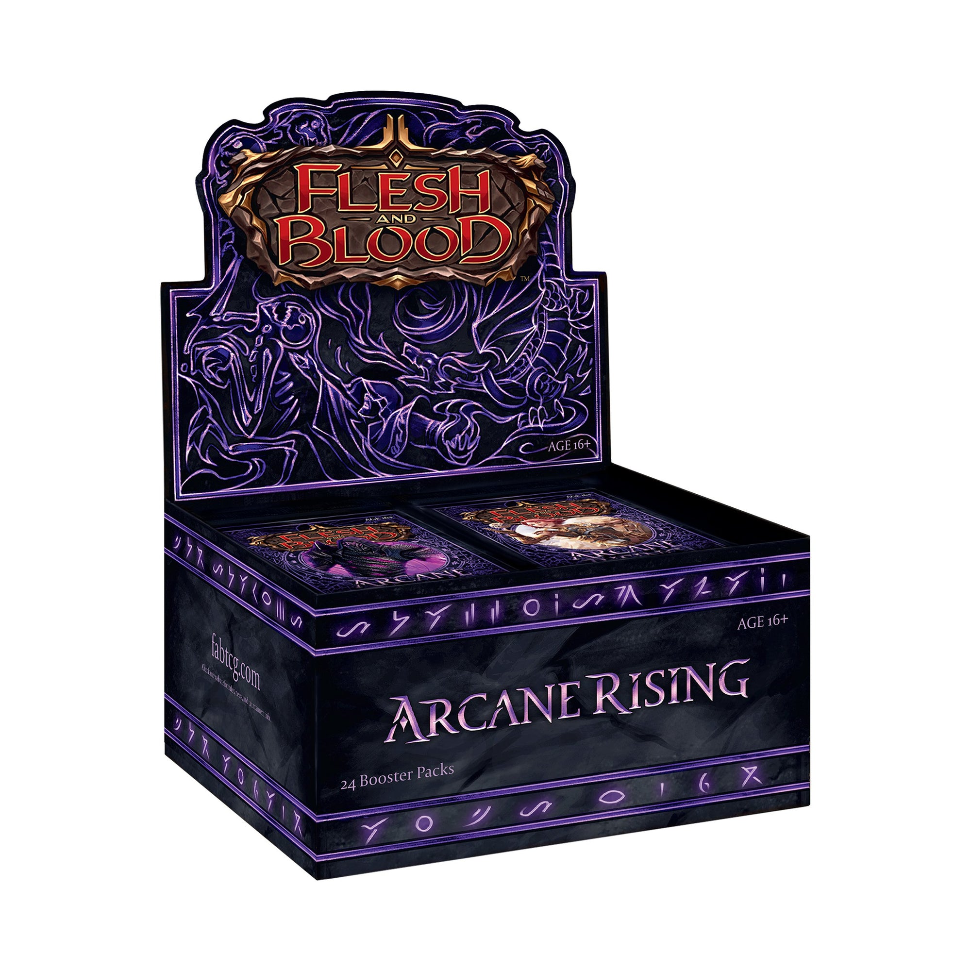 Flesh and Blood Arcane Rising booster display front and side view on white background